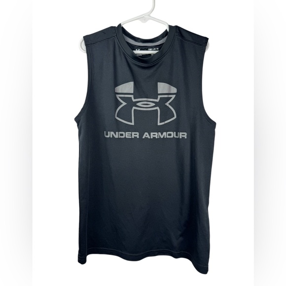 Under Armour Boys Sleeveless T-Shirt Tank Top Loose Fit Black UA Logo Heatgear M - Picture 1 of 6